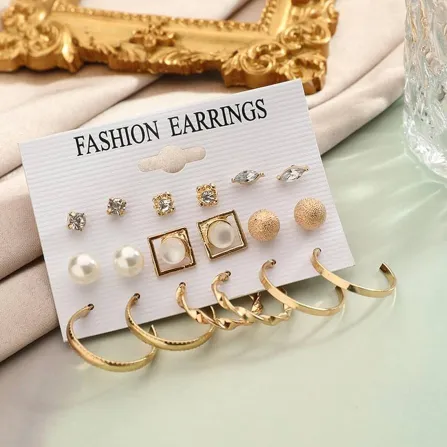 Golden Pearl Crystal Stud Earrings With Hoops